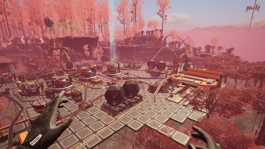 In-game Screenshot. A Satisfactory factory sits in the 'red forest' from a different angle