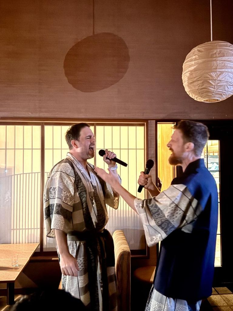 Joaby and Cam belt out "A Whole New World" from Aladdin while singing Karaoke. Joab has opted for the less formal Yukata sans haori while Cam still has his on.